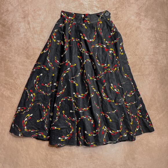 Vintage 50s High Waisted Black Geometric Wool Felt Circle Skirt Maxi Mid Century - Picture 1 of 5
